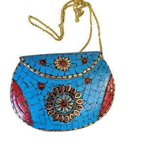 TURQUOISE RED CORAL BLUE LAPIZ LOOK HANDMADE METAL PURSE